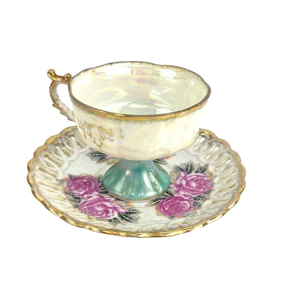 Vintage Lusterware Gilded Fine China Pearlized Tea Cup Reticulated Saucer Japan - Picture 5 of 9